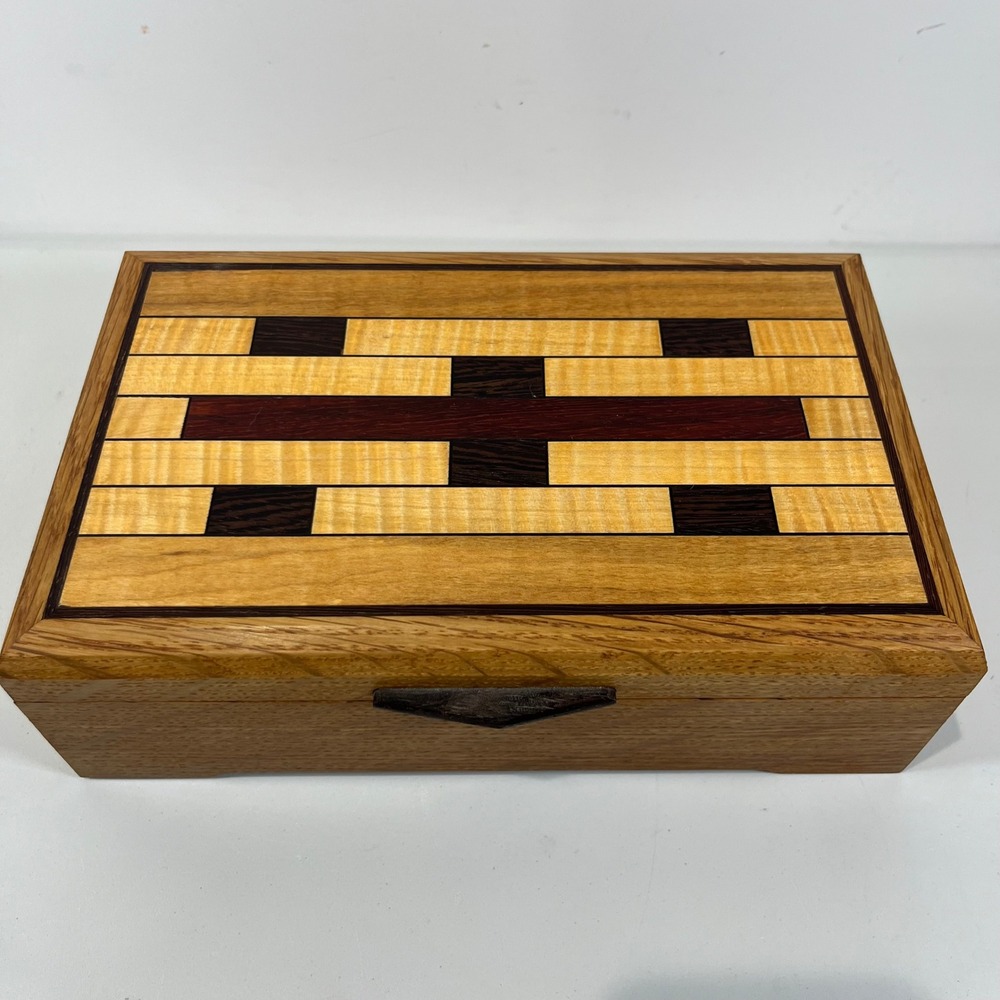 Vintage Handmade Wood Jewelry Box Inlay Geometric Marquetry Folk Art Signed